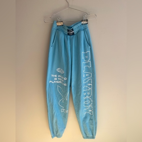 PLAYBOY Pants - Playboy Blue Sweatpants with White Logo and Writing